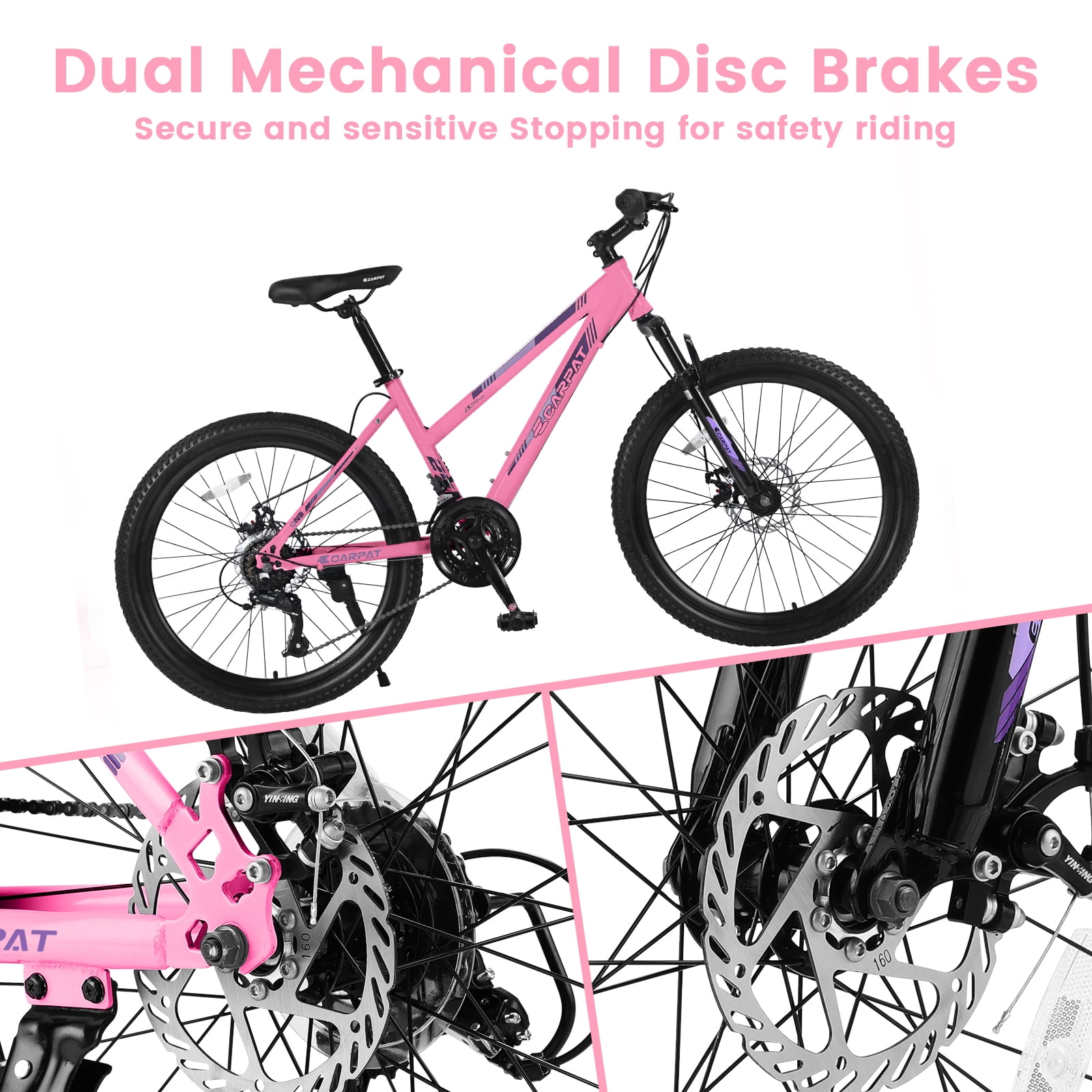 24 inch Girls Women Mountain Bike, 21 Speeds Mountain Bicycle with Steel Frame, Dual Disc Brakes and 100mm Front Suspension, MTB Bike for Urban Trail Snow Commuter, Pink