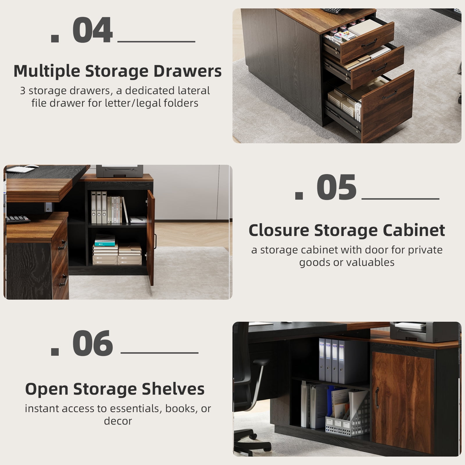 L-Shaped Executive Desk with Drawers, 78-Inch Large Office Desk with Power Outlet and Lateral File Cabinet, Modern Computer Table with Open Shelf and Storage Cabinet for Home, Brown Black