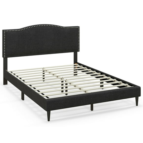 Costway Queen Size Upholstered Bed Frame with Nailhead Trim Headboard Wooden Slats Support