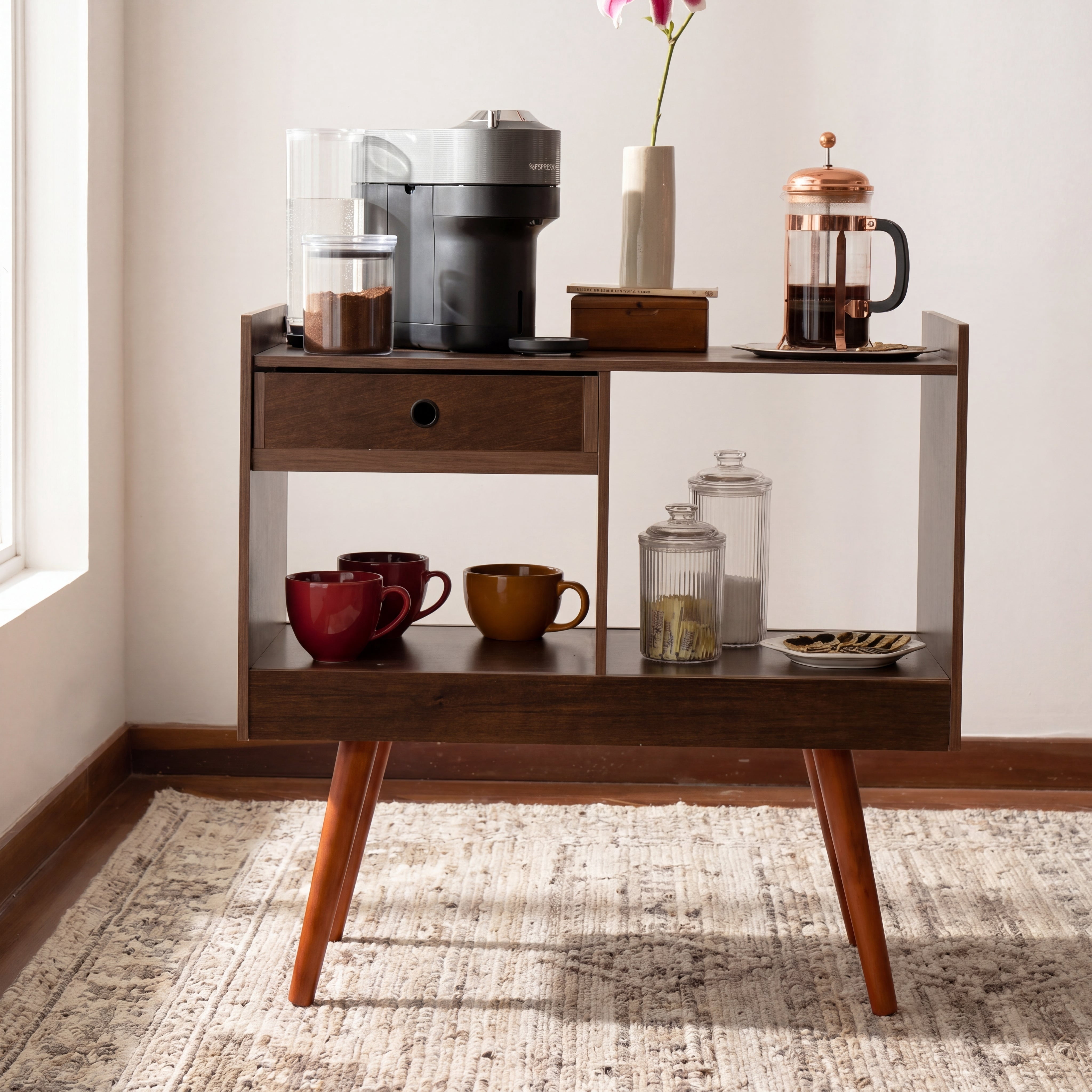 Ember Interiors Oxford Brown Modern Bar Cabinet with Wine Storage, Drawer & Open Shelves– Compact Design for Living Room or Kitchen