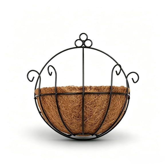 1 Pack Iron Wall Hanging Planters with Coco Coir Liner, 12 Inch Half Round Wall Flower Baskets, Wall Mount Plant Hanger for Porch Balcony Garden Indoor Outdoor