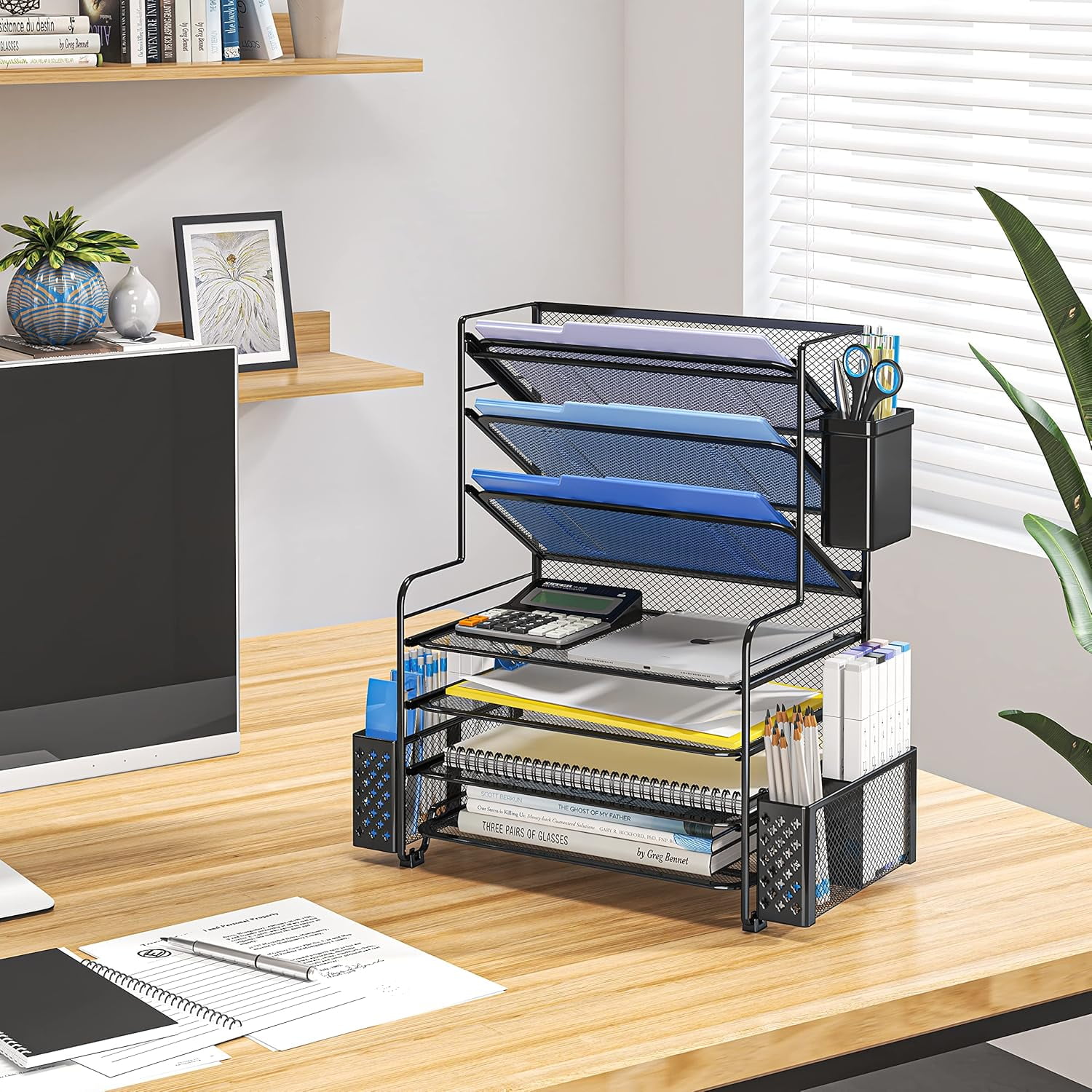 7 Tier Desk File Organizer Letter Tray Paper Organizer with Pen Holder and Metal Hanging Basket Black