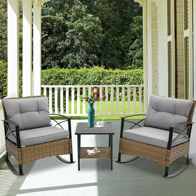 3 Piece Patio Rocking Bistro Set PE Rattan Rocking Chairs Set of 2 and Steel Side Table Outdoor Furniture Conversation Set with Cushion for Patio