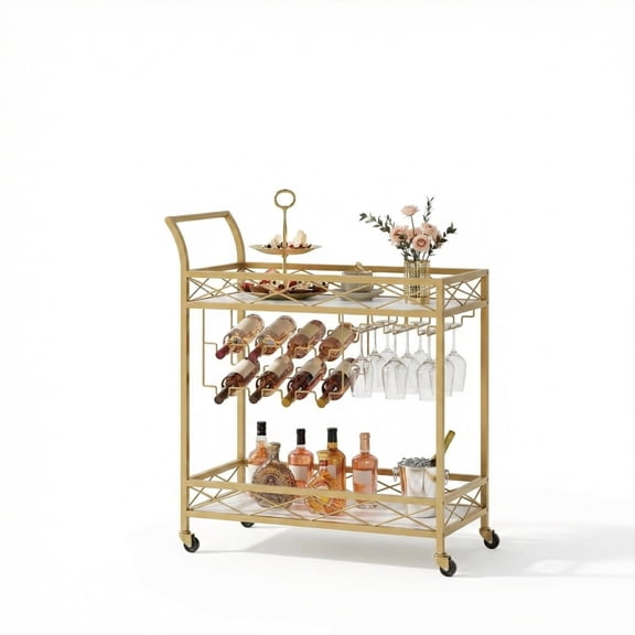 Garvee Bar Serving Cart, with 2-Tier Storage Shelves, Wine Rack, Glass Holder, Golden