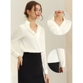 thumbnail image 2 of Blusa de oficina de satén para mujer, elegante, cuello en V, manga larga, top de trabajo Beige XS, 2 of 6