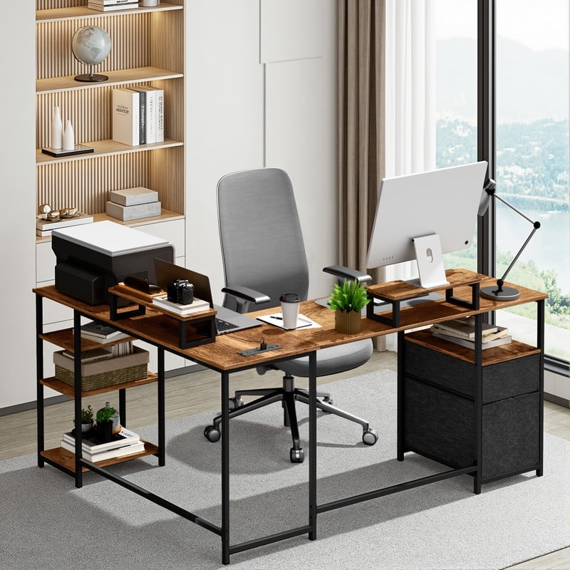 Homall 65.4" L-Shaped Desk with Power Outlets & USB, Corner Desk with 2 Drawers and 2 Monitor Stand, Brown