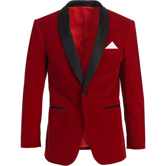 Men’s Red Velvet Tuxedo Blazer with Black Shawl Lapel | Slim Fit Single-Breasted Formal Party Dinner Jacket