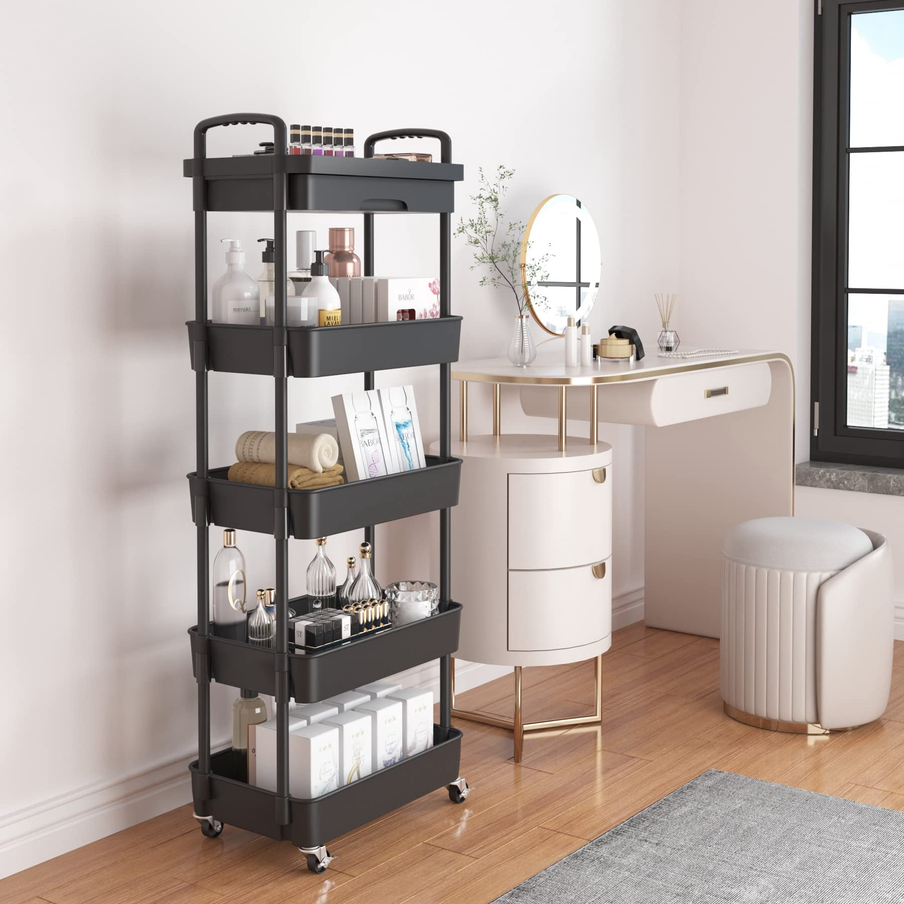 4-Tier Rolling Utility Cart with Drawer Multifunctional Storage Organizer Plastic Shelf Metal Wheels Kitchen Bathroom Office Storage Cart Black