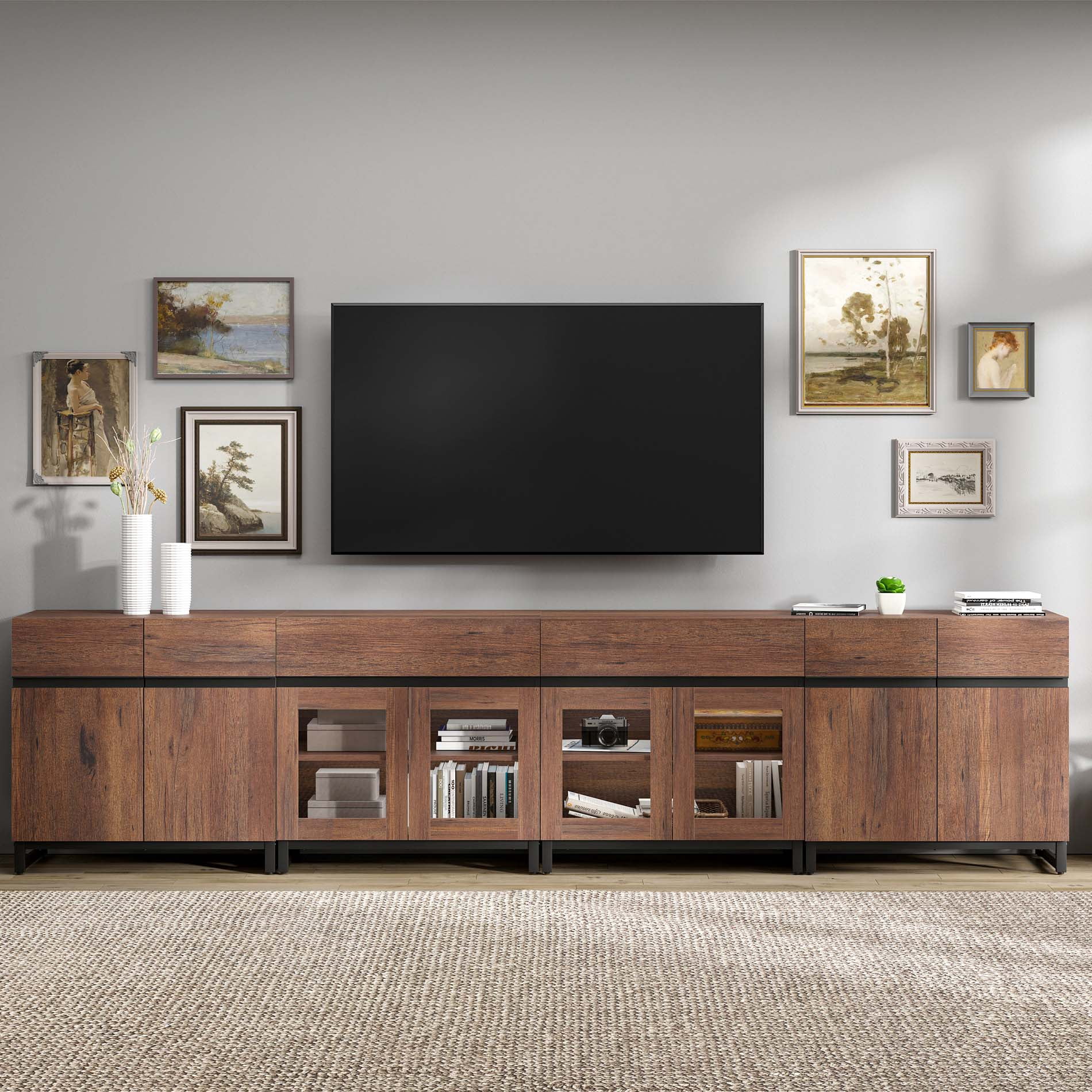 Modern TV Stand For Tvs Up To 120 Inches, 4 In 1 TV Console With Glass Doors And 2 Drawers, Media Console With Adjustable Shelf For Living Room,Brown