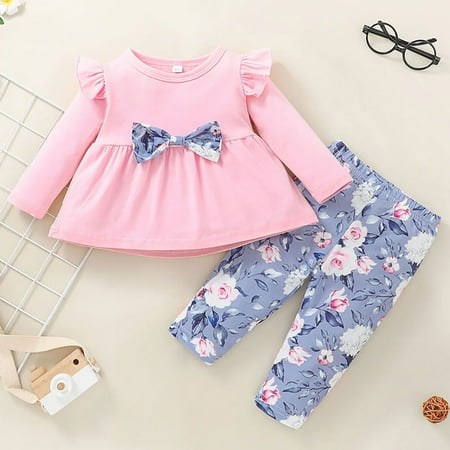 

Hunpta Infant Baby Girls Bow Loose T-shirt Long Sleeve Round Neck Tops Floral Pants Outfits 2Pcs Clothes Set