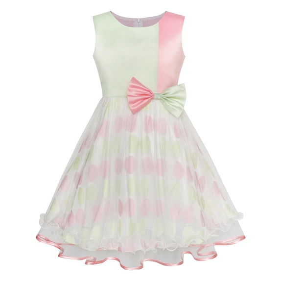 Girls Dress Bow Tie Green Pink Color Contrast Sundress 4