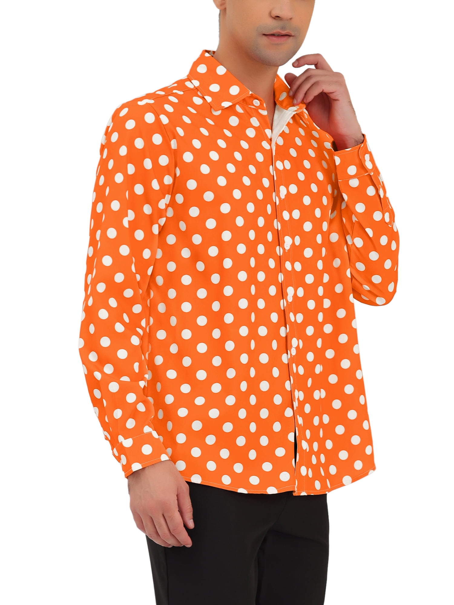 Unique Bargains Men's Long Sleeve Button Slim Polka Dots Shirt 46 Orange