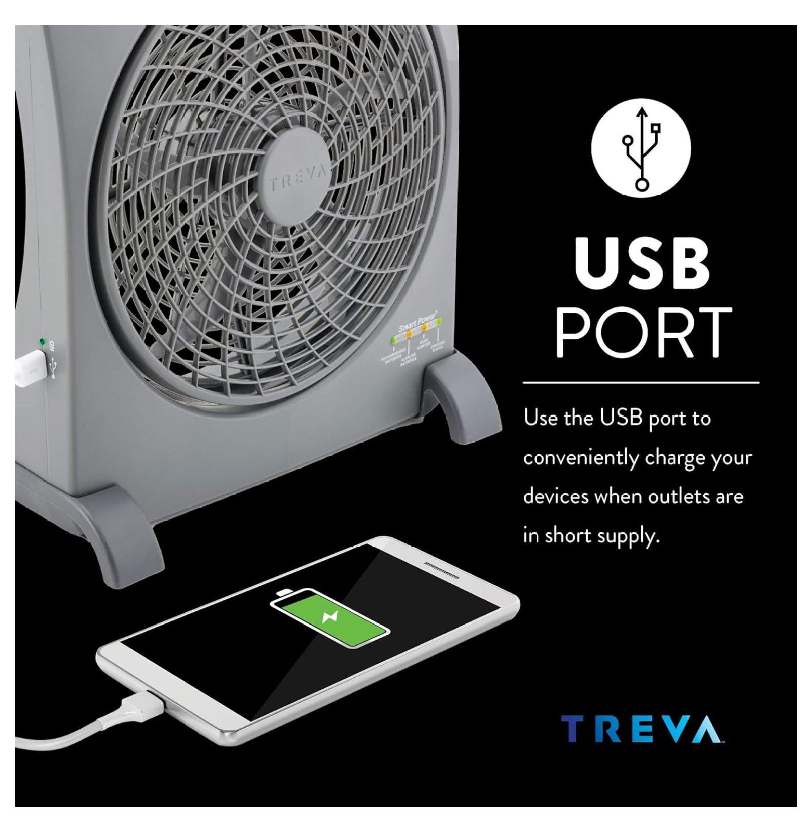 Treva 10 inch Rechargeable Portable Fan Smart Power Air Circulator. Plug-In Adapter and Battery Powered, USB Charging Port, For Camping Travel and Indoors Use