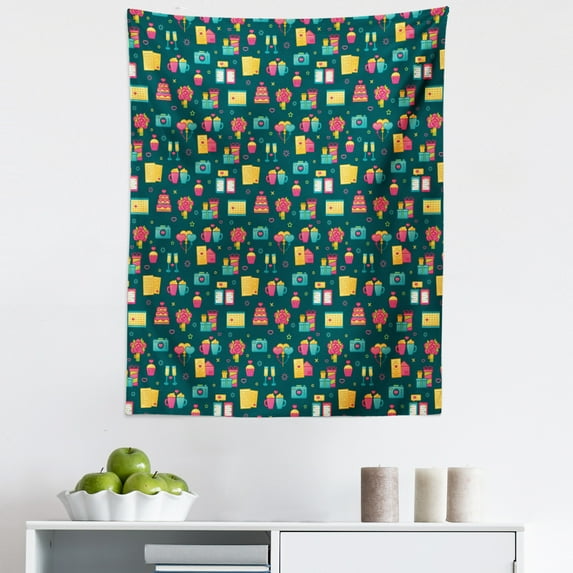 Colorful Tapestry, Valentines Day Bouquets Champagne Romantic Cupcake Celebration Party, Fabric Wall Hanging Decor for Bedroom Living Room Dorm, 5 Sizes, Dark Teal and Multicolor, by Ambesonne