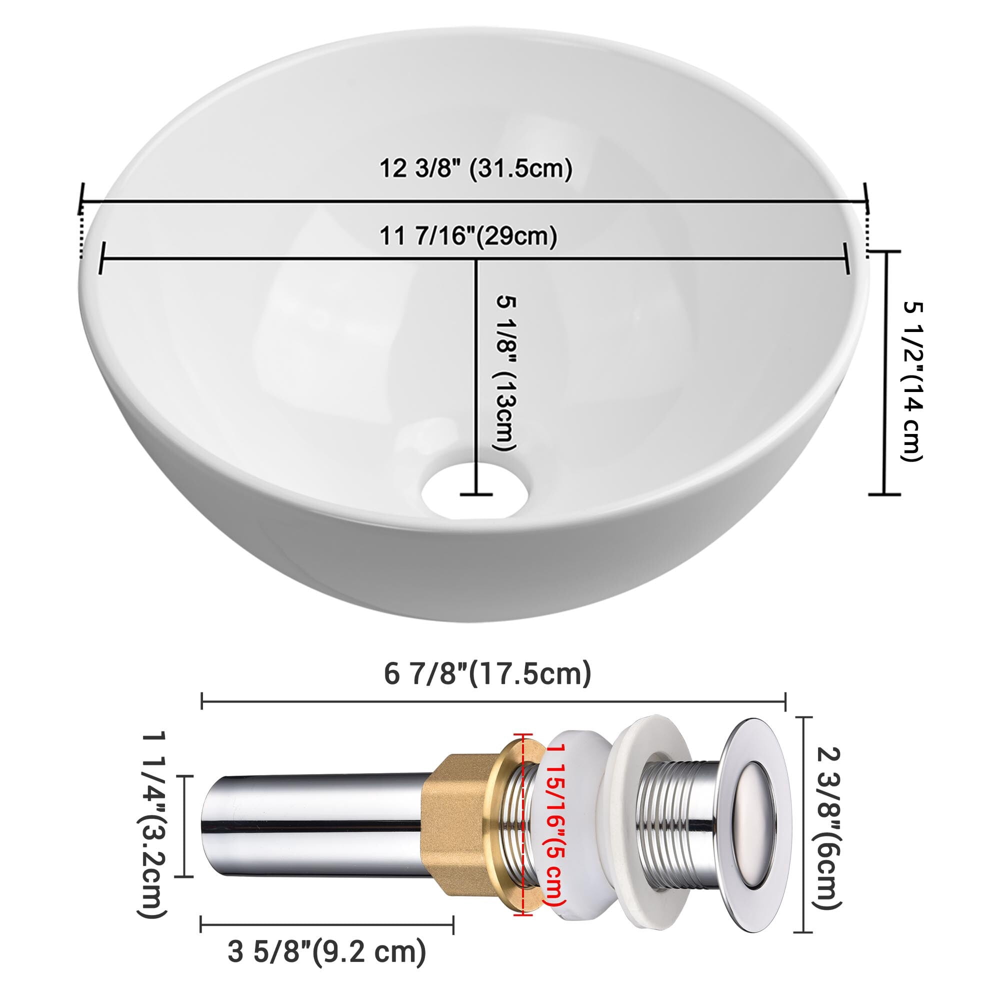 Aquaterior 12" Bathroom Vessel Sink Round Bowl Pop Up Drain Countertop 2 Pack
