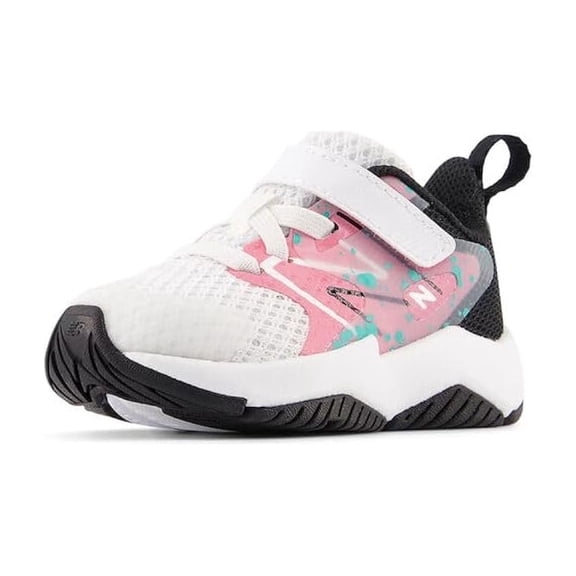 New Balance Kid's Rave Run V2 Bungee Lace with Top Strap Running Shoe, White/Real Pink/Black, 5.5 XW Big Kid