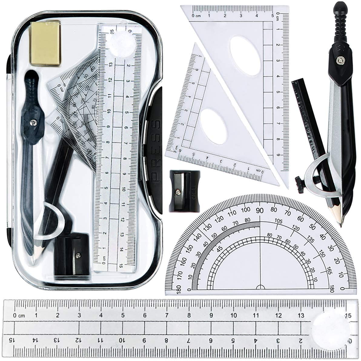 Compact Maths Geometry Set with Compass Ruler Protractor Squares Sharpener Tools 