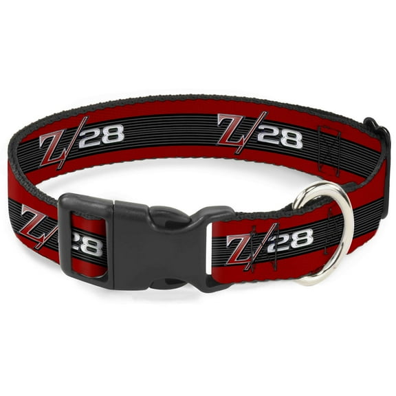 GM General Motors Pet Collar, Dog Collar Plastic Buckle, 1969 Camaro Z 28 Emblem Stripe Red Black Gray Silver, 7 to 8.5 Inches 0.5 Inch Wide