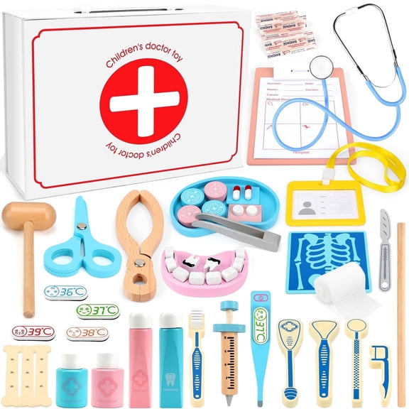 Flybay Wooden Doctor Play Set, 42  Kids Doctor Kit for Toddlers with Storage Carry Case, Pretend Play Toys for Kids Boys and Girls Ages 3 