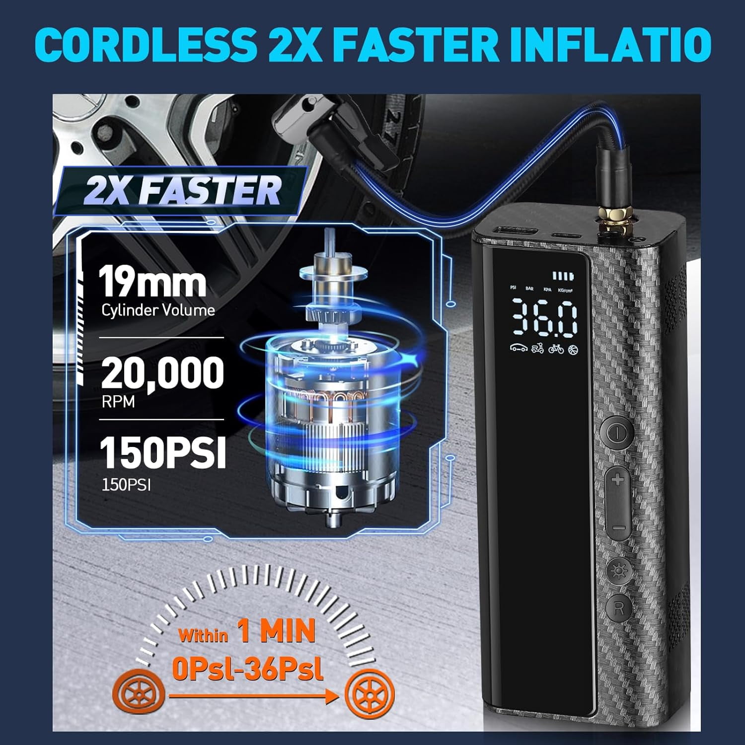 Tire Inflator Portable Air Compressor, Cordless Car Tire Air Pump, 150 PSI Powerful Tire Inflator with LCD Display for Car, Bikes, Ball, Motorcycle Tires