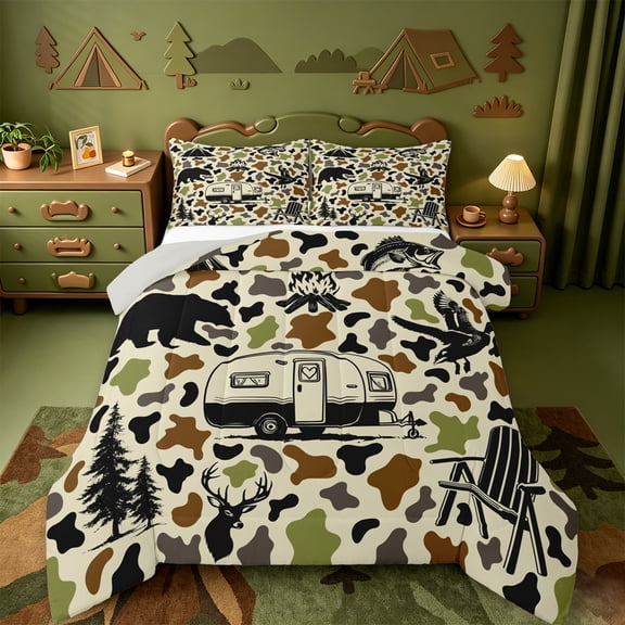 Catabedysis Camo Camping Full Size Comforter Sets,Wildlife Camper Pattern Bedding Comforter Set For Boys,Earthy Tone,Light Gray Reversible,3-Piece,1 Comforter and 2 Pillowcases