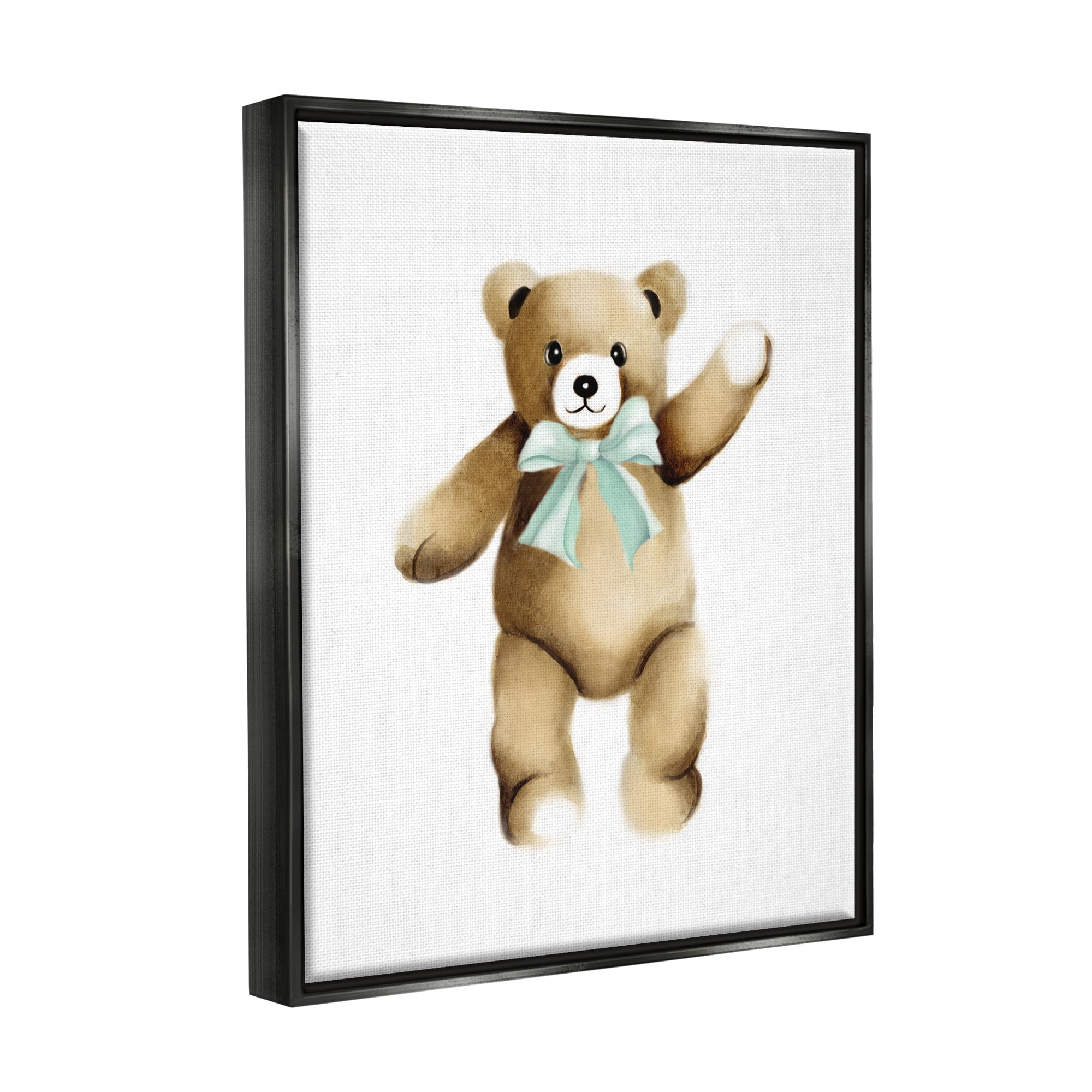 Stupell Industries Adorable Teddy Bear Nursery Animal Green Ribbon Graphic Art Jet Black Floating Framed Canvas Print Wall Art, Design by Studio Q