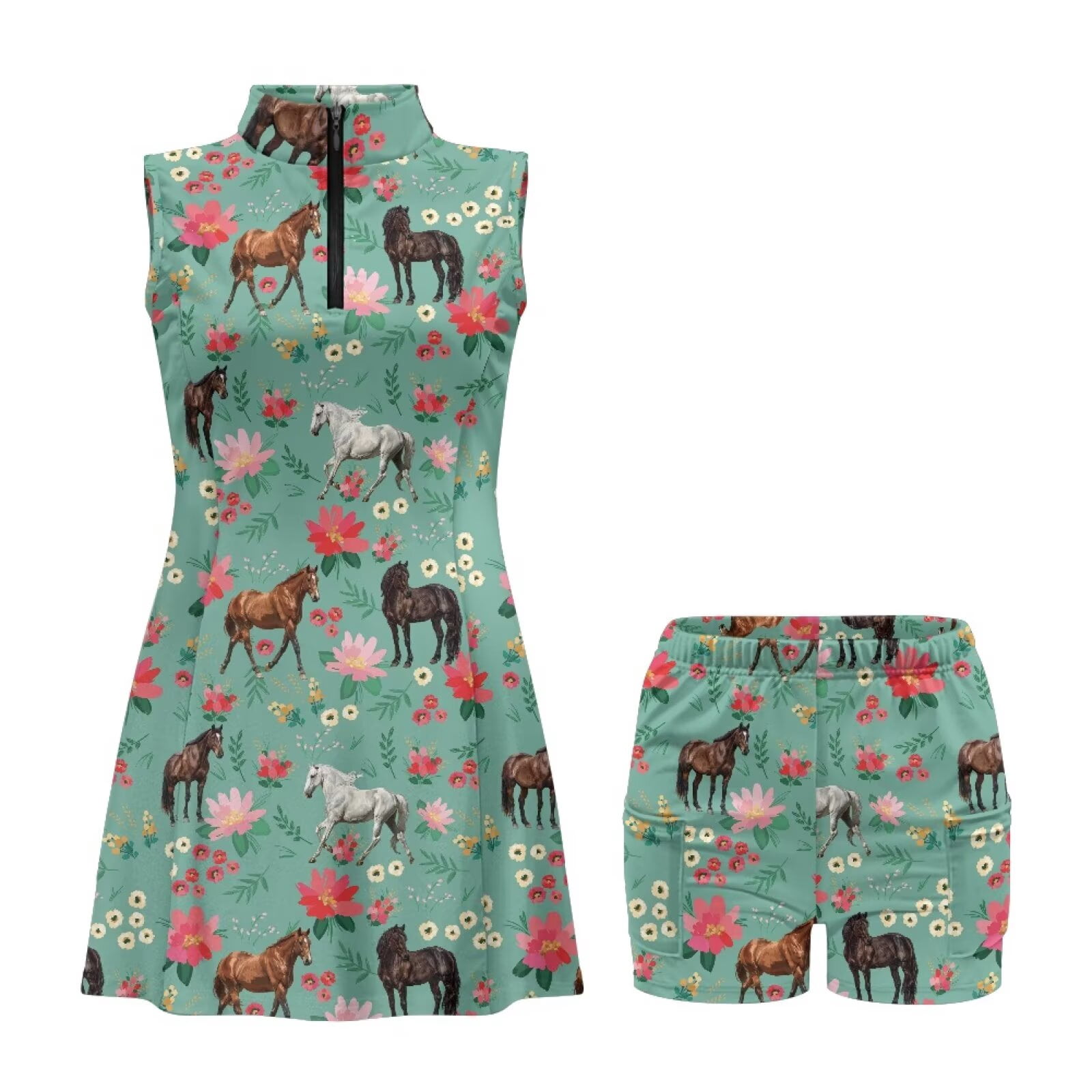 Yuyamidu Wild Horse Womens Tennis Golf Dresses Size M Comfortable Workout Athletic Dresses Sleeveless Workout Golf Dress with Built in Shorts and Pockets Sports Activewear Dress