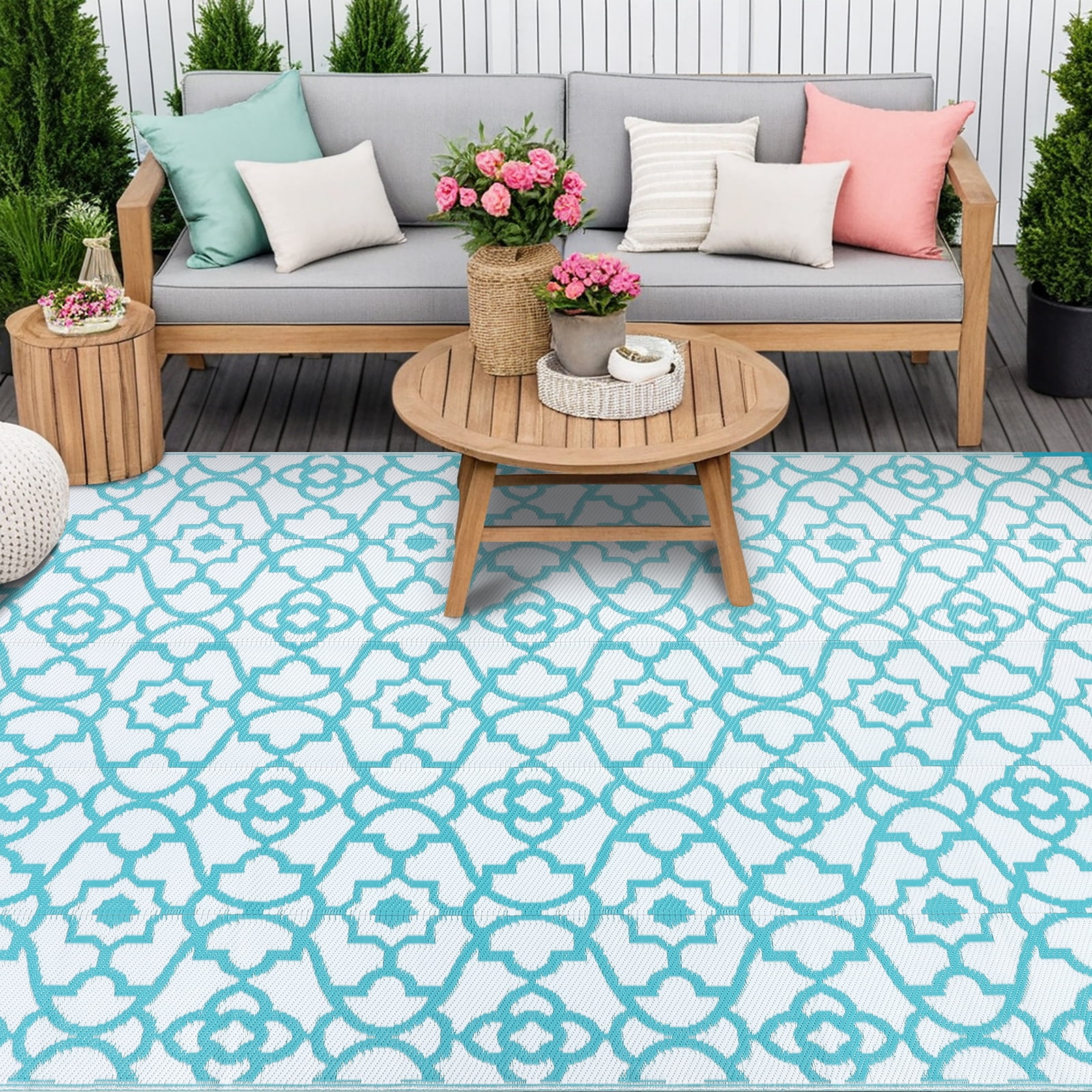 MeyJey 6'x9' Outdoor Rug, Patio Rug Waterproof RV Outdoor Rug Camping Rugs Reversible Plastic Mat for Camping, Balcony Apartment, Patio, Porch, Picnic, Beach, Teal