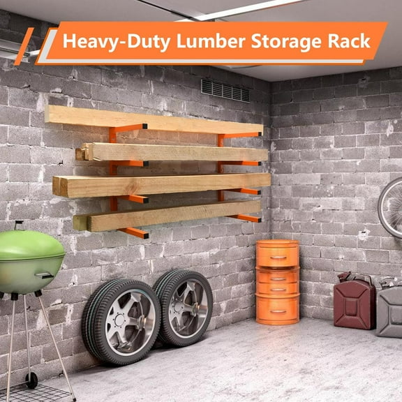 2 Pack Wood Organizer Wall Mount, Heavy Duty Lumber Storage Rack with 4-Level System, Holds 220 LBS Per Level (Orange)