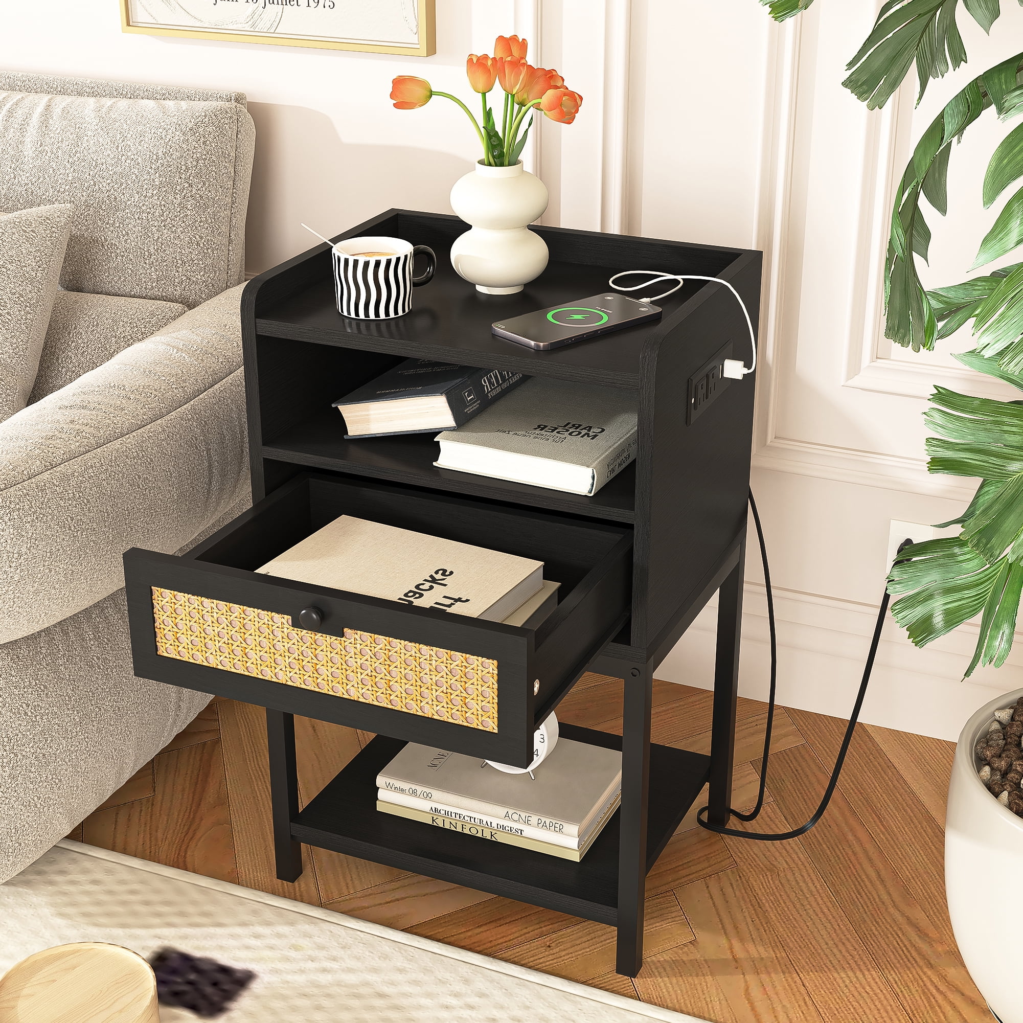 Kadyn Modern Nightstand, Night Stand with Charging Station & USB Ports, Bedside Table with Drawers and Charging Cable for Living Room, Black