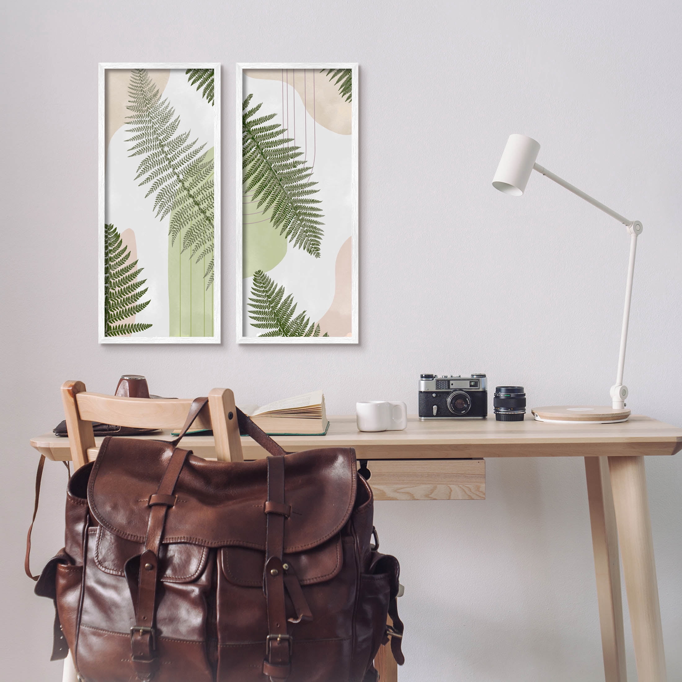 Fern Leaves Pastel Geometric Botanical & Floral Graphic Art White Framed Art Print Wall Art, Set of 2