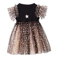 thumbnail image 1 of Yanlir Robe en Maille Pailletée à Étoiles pour Fille, Manches Courtes, Col Rond, Robe de Fête avec Manches Volantées, Vêtements d'Été à la Mode pour Enfants, Tenue de Vacances Style Princesse Scintillante (Noir, 5-6 Ans), 1 of 9