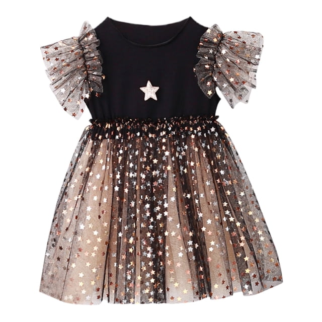 Yanlir Robe en Maille Pailletée à Étoiles pour Fille, Manches Courtes, Col Rond, Robe de Fête avec Manches Volantées, Vêtements d'Été à la Mode pour Enfants, Tenue de Vacances Style Princesse Scintillante (Noir, 5-6 Ans)