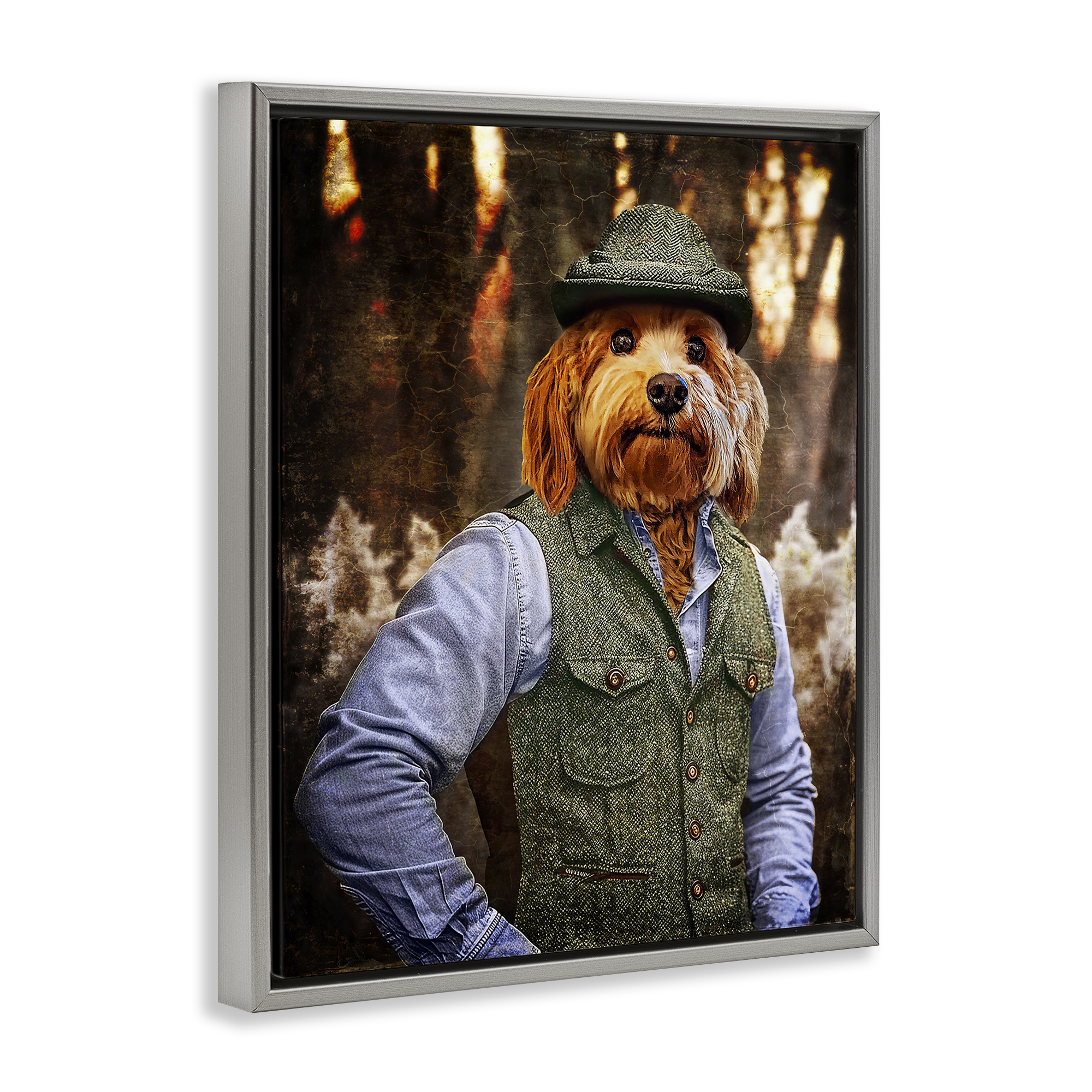 Stupell Industries Terrier Dog Classic Clothing Animals & Insects Painting Gray Floater Framed Canvas Art Print Wall Art, 25 x 31