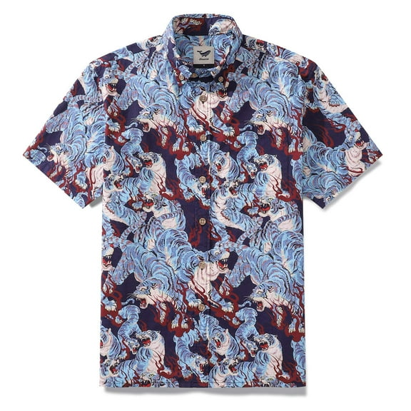 YIUME Men's Hawaiian Shirt The Staredown Print Cotton Button-down Short Sleeve Aloha Shirt