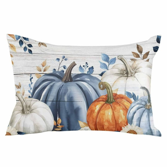 Blue Pumpkin Fall Throw Pillow Cover 20 x 36 Inch Decorative Pillow Cover Thanksgiving Eucalyptus Leaves Gray Wooden Lumbar Pillowcase Seasonal Rectangle Cushion Case for Couch Sofa Bed Living Room