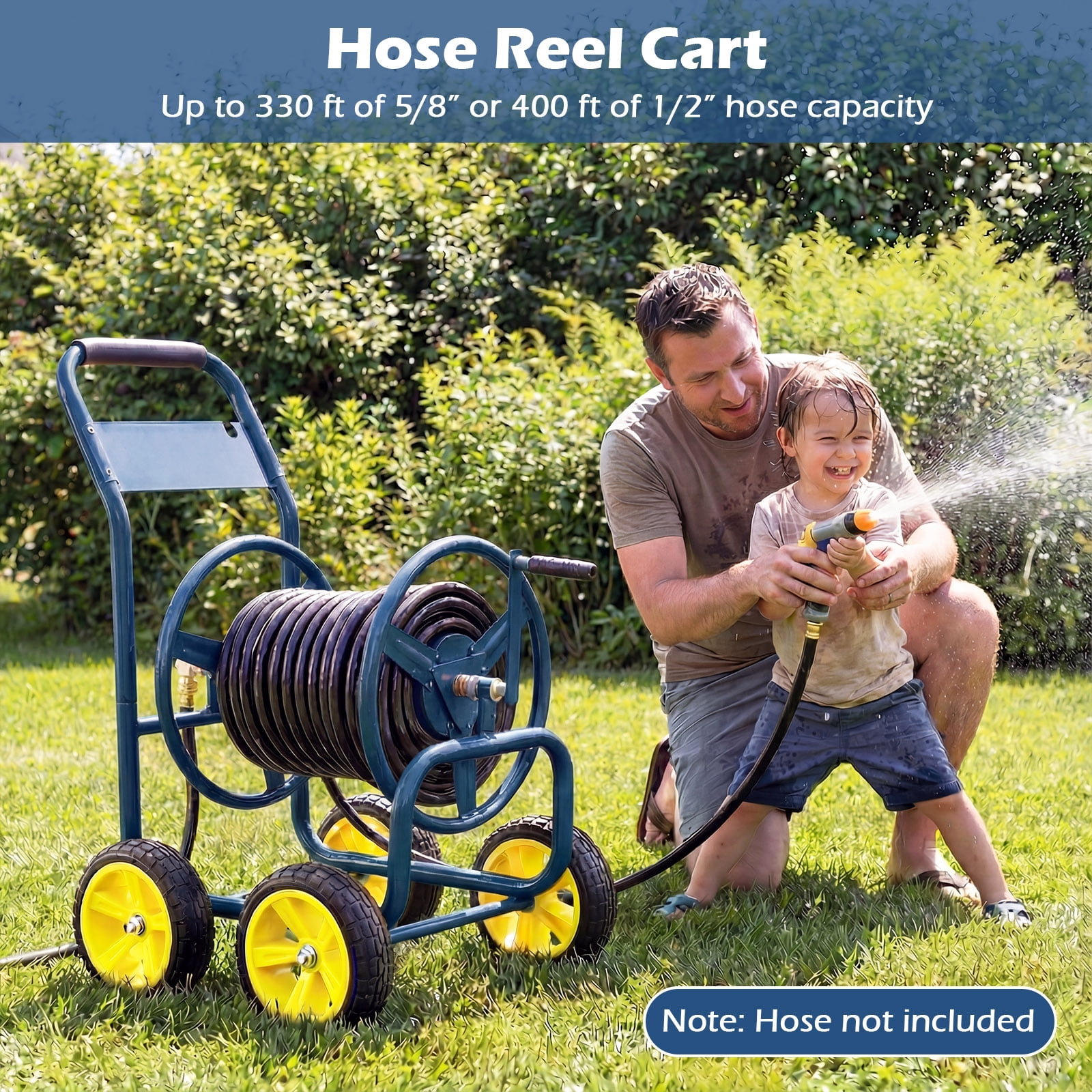 Costway Garden Hose Reel Cart 4 Wheels, 330 ft 5/8” Large Capacity for Outside Yard Lawn Navy