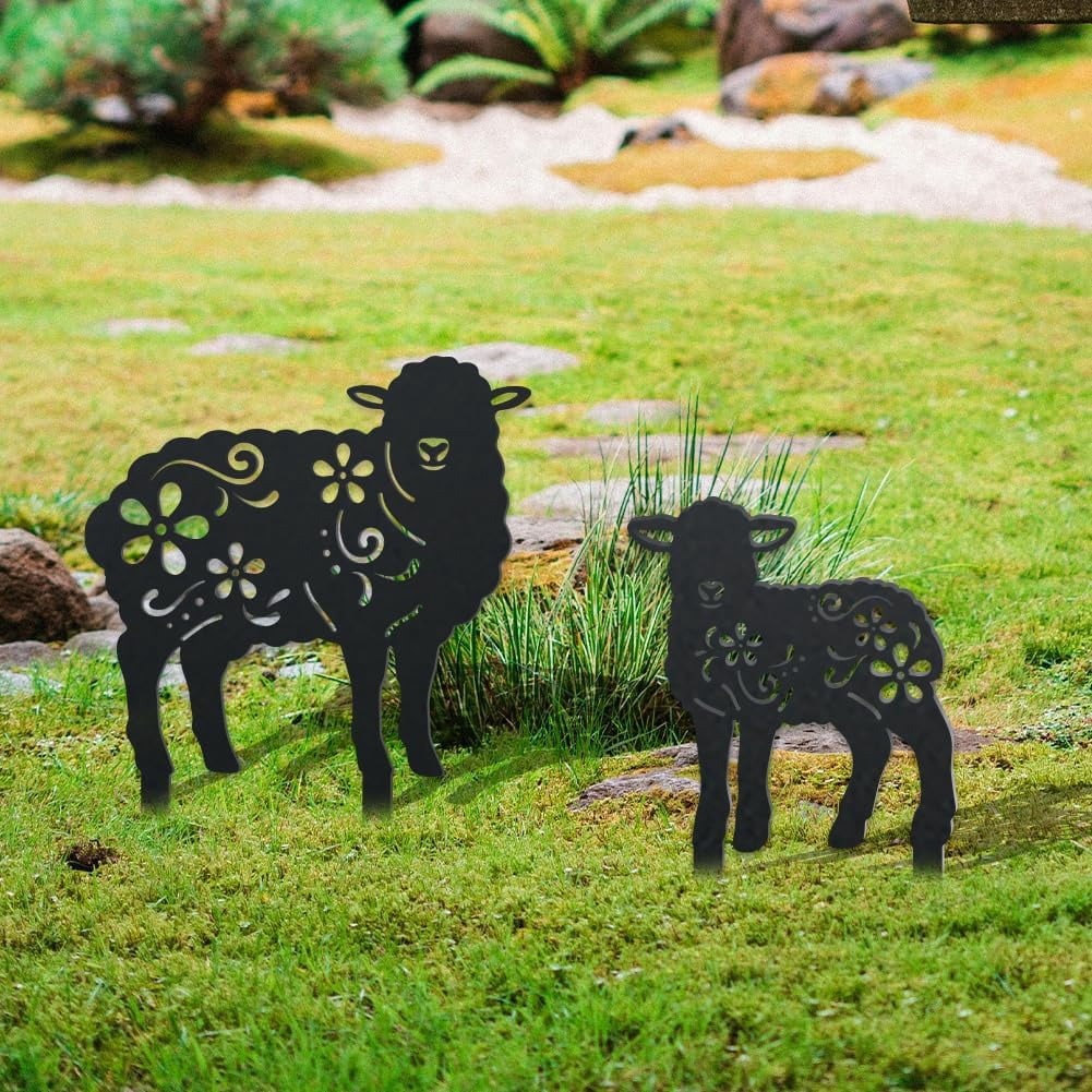 2 Styles Sheep Metal Decorative Garden Stakes Funny Sheep Flowers Metal Silhouette Statues Animal Garden Ornament Gifts Black Yard Art Decoration