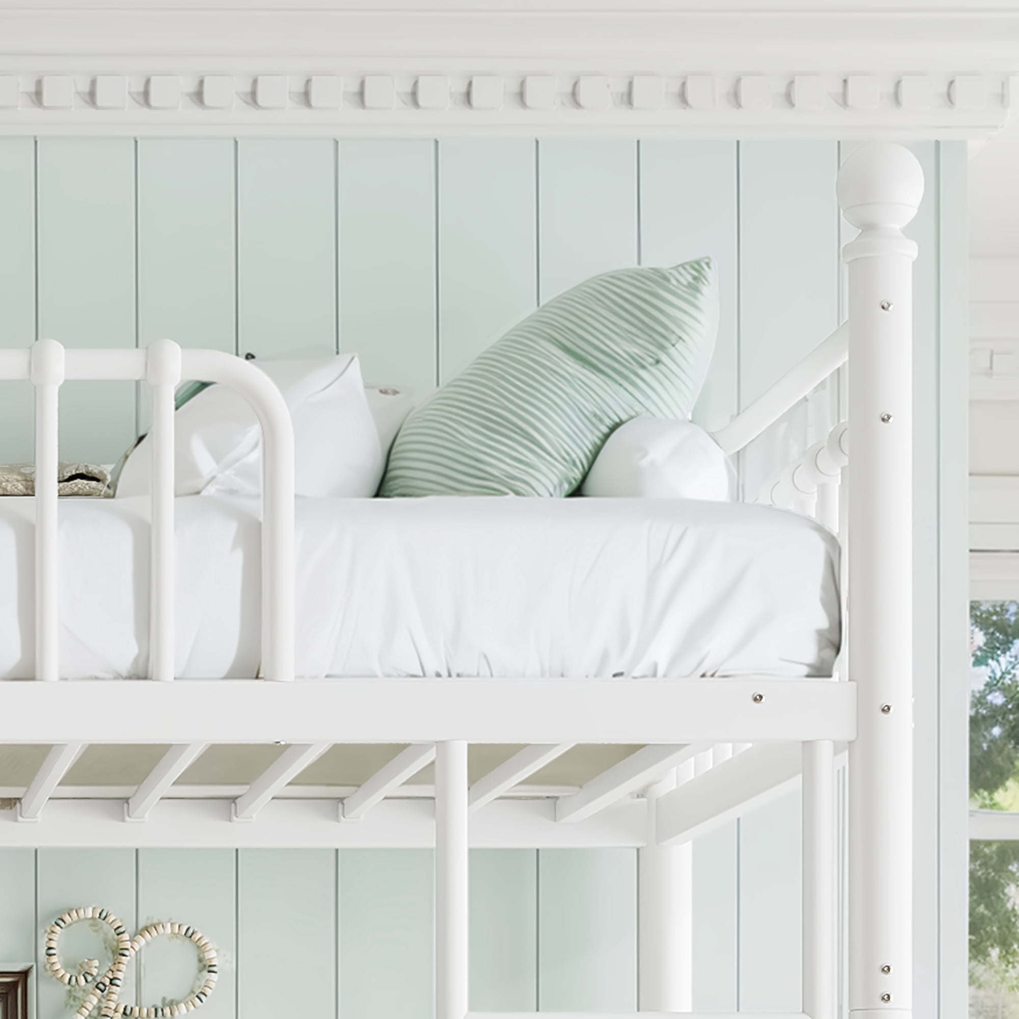 Leumius Twin XL over Twin XL Metal Bunk Bed with Unique Curved Guardrail Design, Round Tube Bunk Bed Frame, Metal Bunk Bed Frame for Kids Teens Adults White
