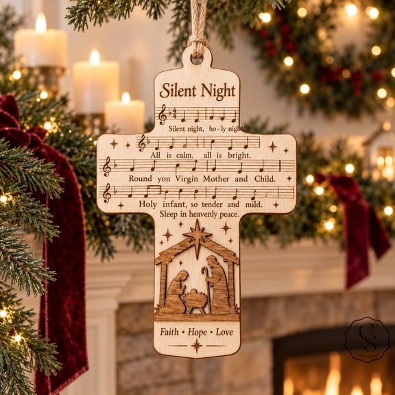 Nativity Scene Christmas Cross Ornament, Silent Night Wooden Tree Decoration for Christian Homes
