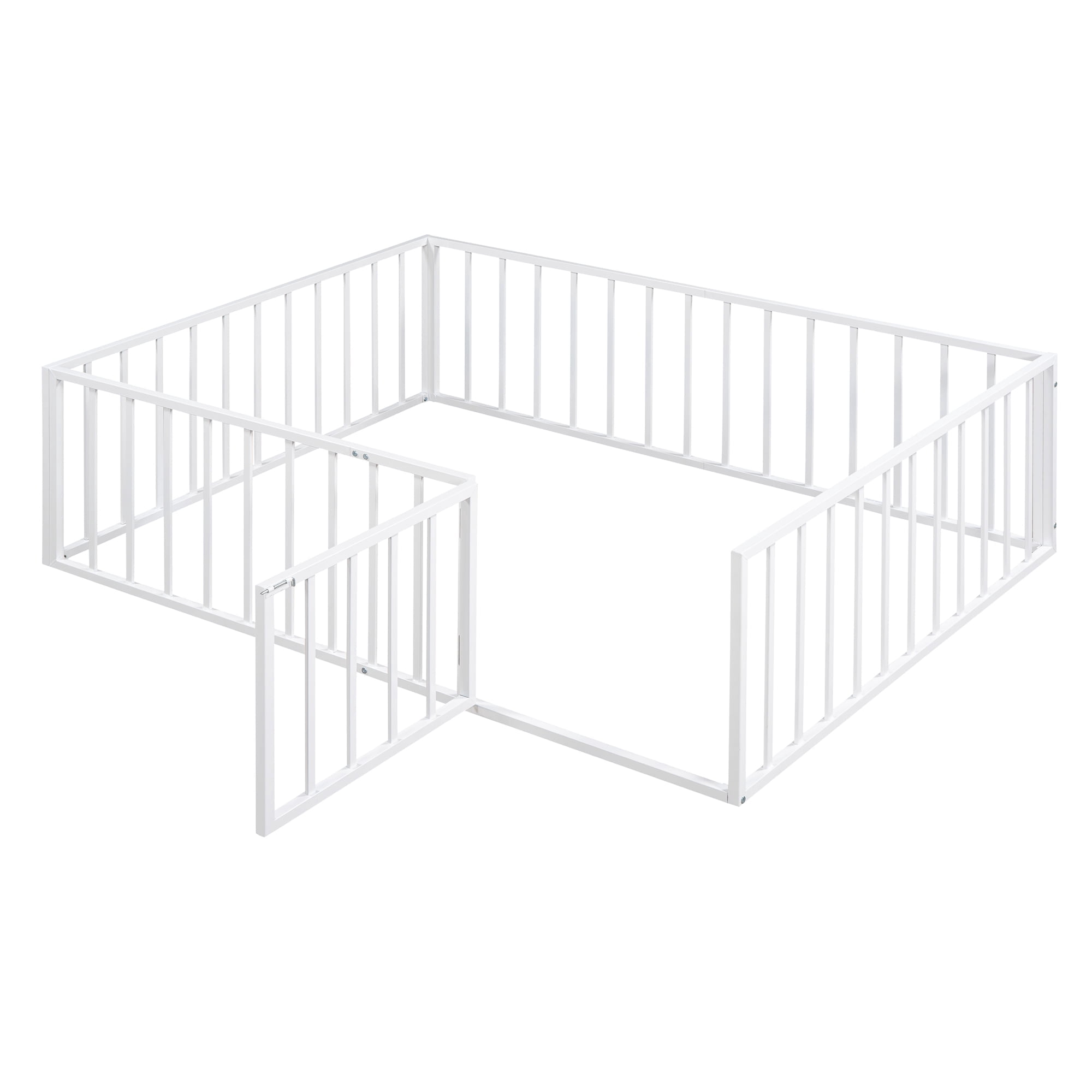 Harper & Bright Designs Full Floor Bed Frame for Kids, Metal Montessori Floor Bed with Rails and Door, Floor Full Size Bed Frame with Fence-Shaped Guardrails, White