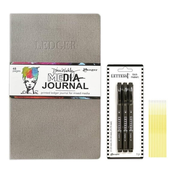 Dina Wakley Media Journal Bundle - Printed Ledger Media Journal with 3 Black Letter It Fineliners and Trebbies Fine Detail Sticks