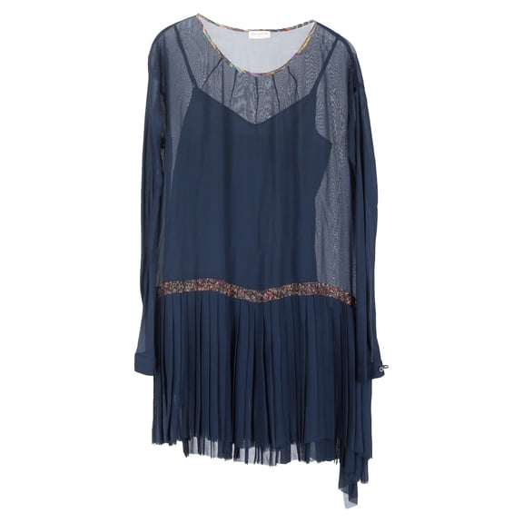 Pre-Owned Dries Van Noten Sheer Asymmetric Pleated Hem Dress in Navy Blue Rayon