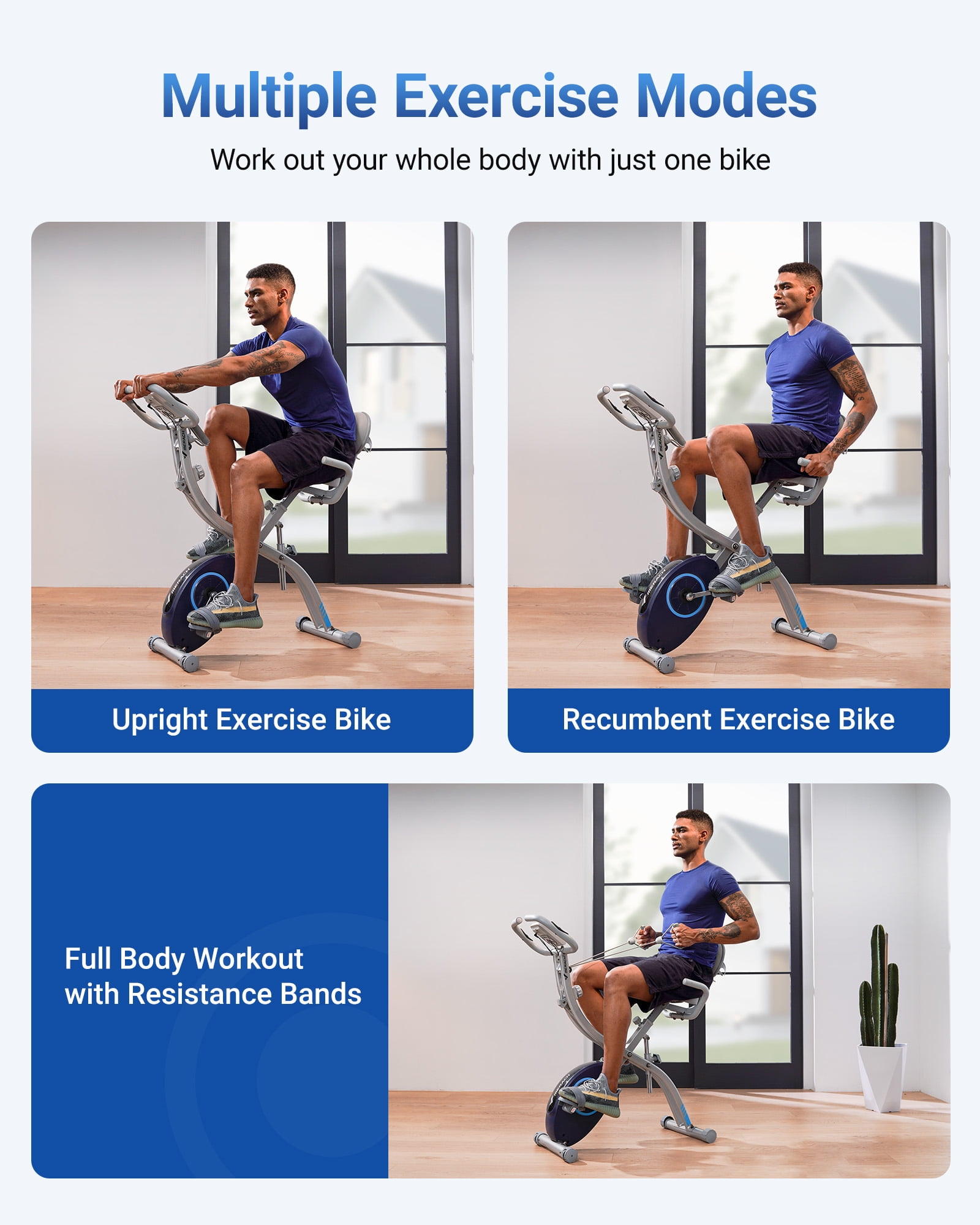 MERACH Folding Exercise Bike, 4 in 1 Magnetic Upright Bike with 16 Levels of Resistance for Home Indoor Cardio Workout Max Weight 300 lbs