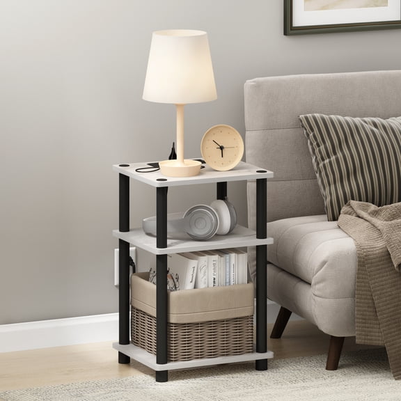 Furinno Just Side Table, 3-Tier End Table with Charging Station, Open Shelf Night Stand, Bedside Table with USB and Type-C Charging Port, for Living Room, Bedroom, Light Marble