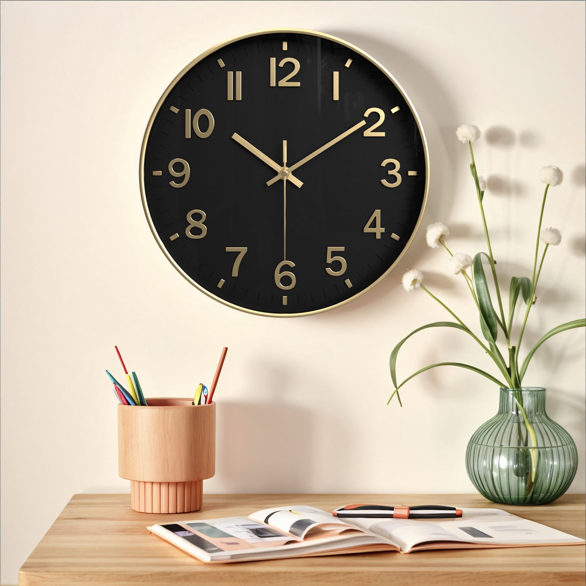 REGALWOVEN Simple Wall Clock, Big Arabic Numerals, Silent Non-Ticking Modern Battery Operated, Classic Decorative for Home Black and Gold 12 x 12 x 1.6 Inch