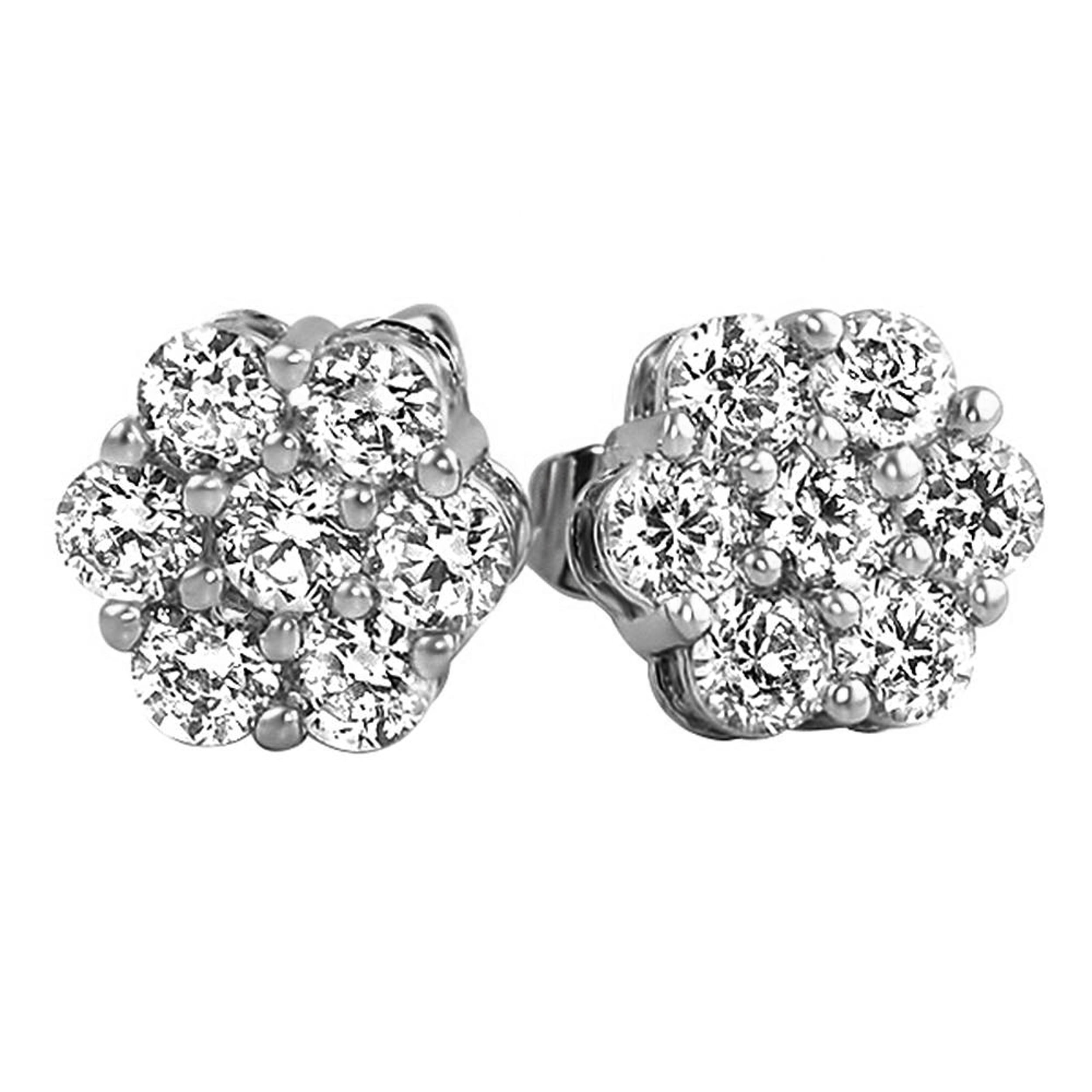 Flower Cluster Brilliant White Gold Plated 925 Sterling Silver Screw Back Post Iced Cz Circle Stud Round Hip Hop Earrings
