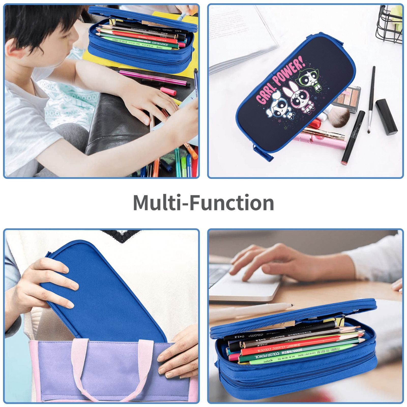 The Powerpuff Gi-rls Pencil Case Large Capacity Pencil Pouch Penbag Office Stationery Organizer Travel Makeup Bag Blue