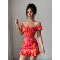 thumbnail image 4 of Hot Pink Off-Shoulder Ruffle Hem Floral Print Fitted Sleeveless Mini Dress With Tie Front, 4 of 7