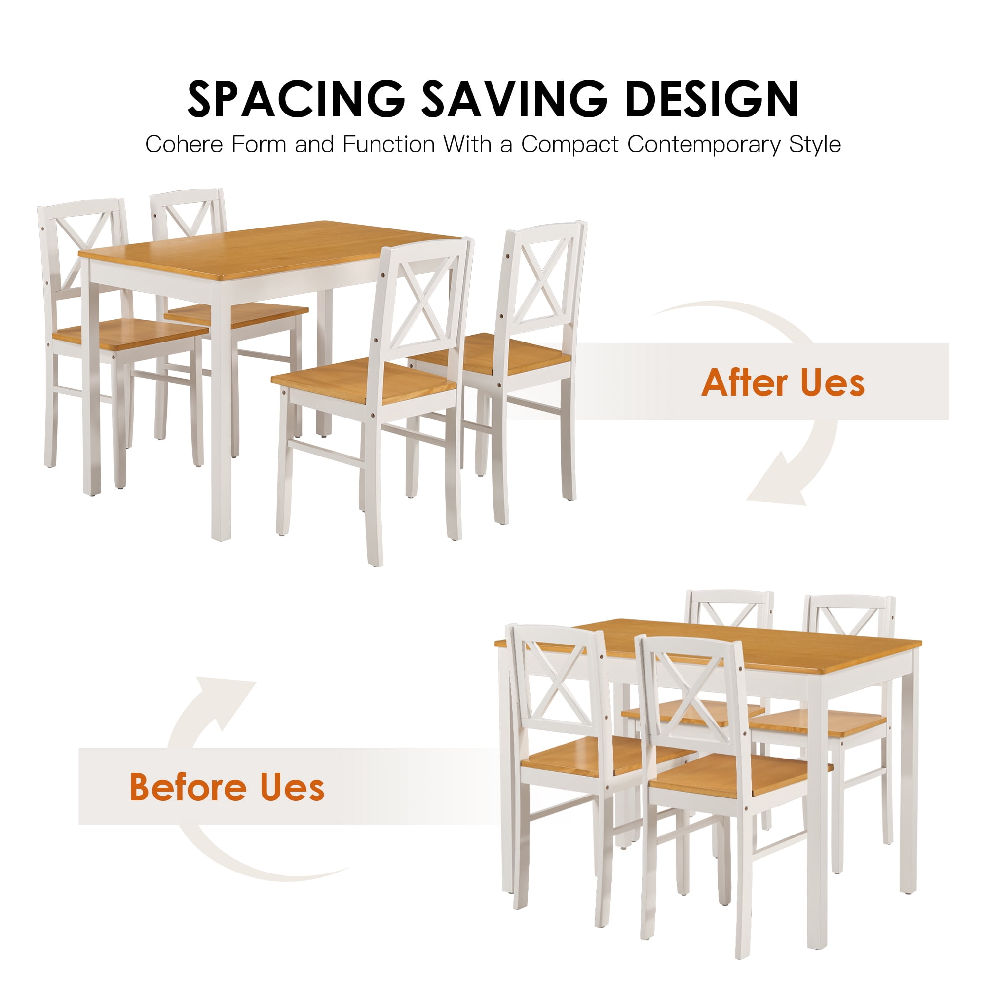 Dining Table Set, Kitchen Table Set, 5 Piece Dining Set 5 Piece Solid Rubberwood Table with 4 Chairs Space Saving Design Smooth Easy Clean Surface for Small Spaces, Ancient White
